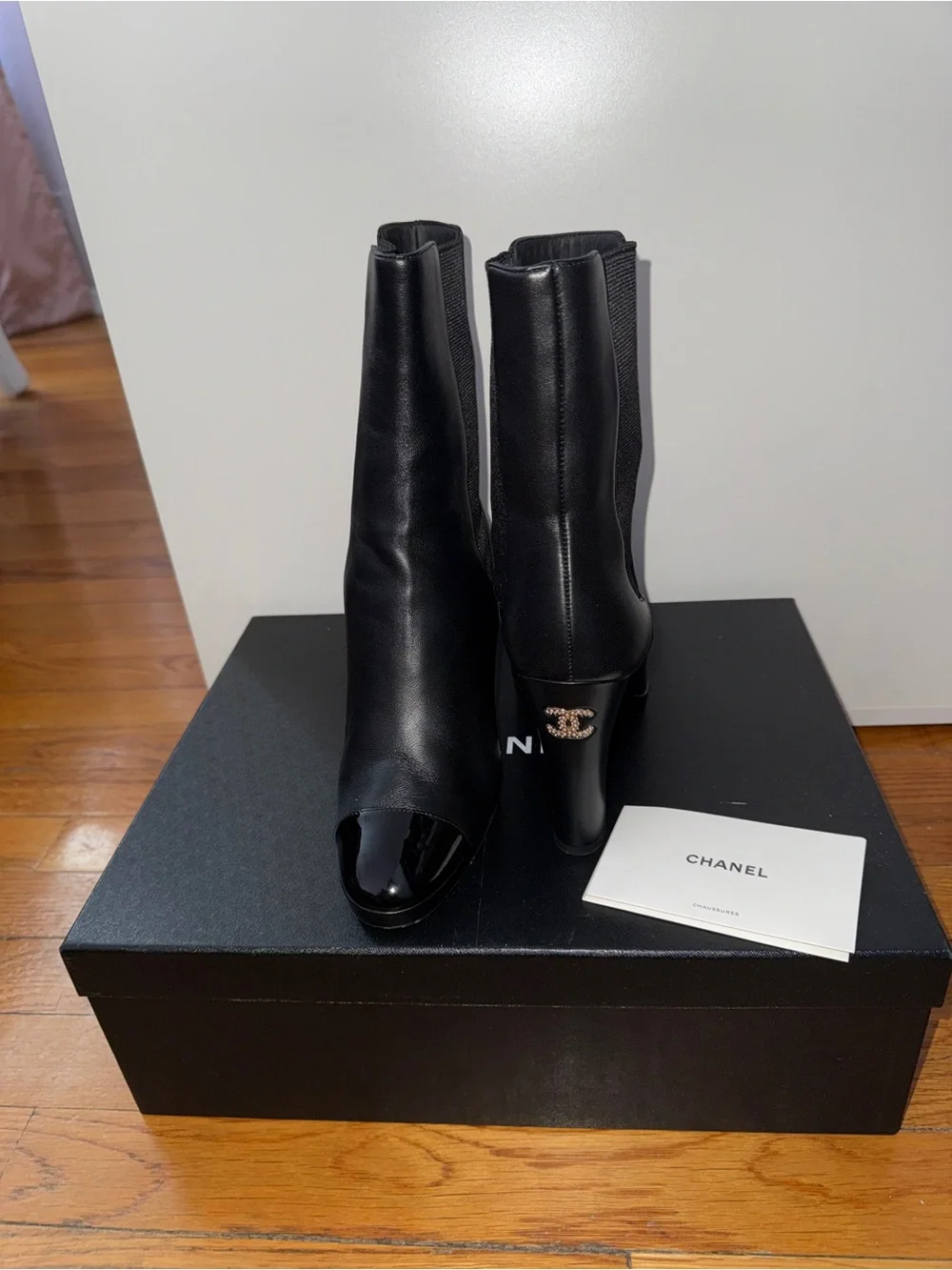 CHANEL Black Leather Mid-Calf Heeled Boots with CC Heel Logo - Picture 3 of 7